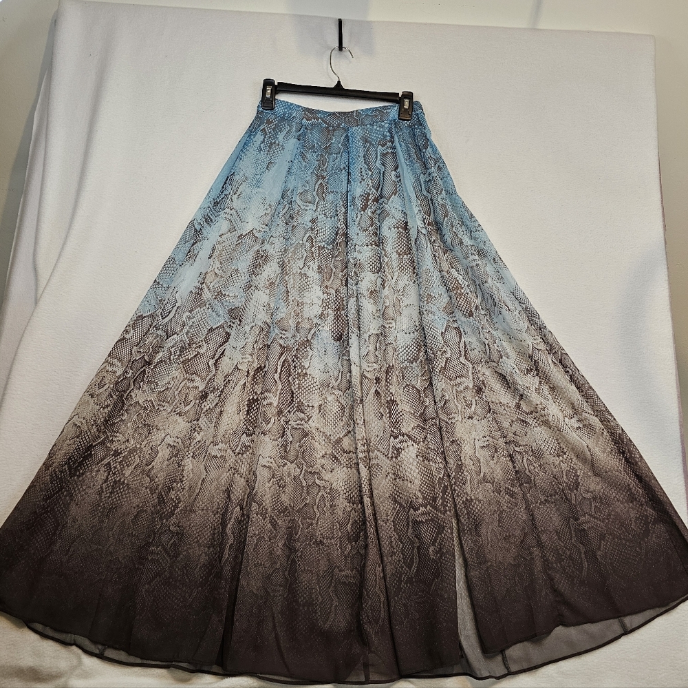 Chico's‎ Blue Brown Snakeskin Ombre Maxi Skirt Lined Chiffon Pleated Size 00 XS